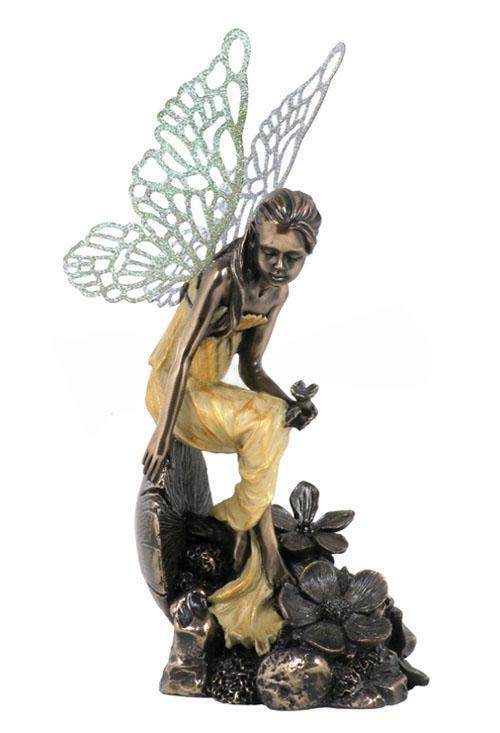 Little Fairy on Mushroom w/ Glitter Wings Cold-Cast Bronze 6.5" Statue