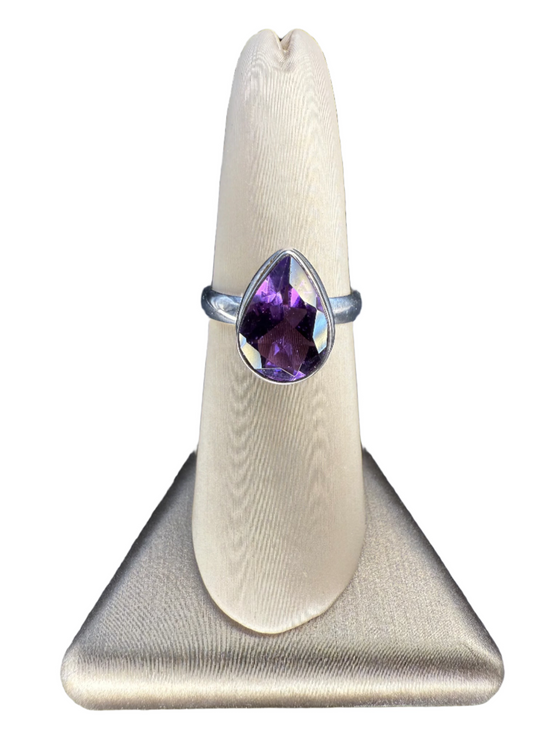 Amethyst Faceted Sterling Silver Ring | Africa | Teardrop | Front