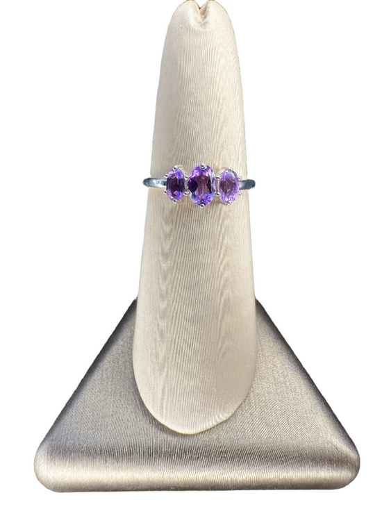 Amethyst Faceted Sterling Silver Ring | Brazil | Tristone | Front