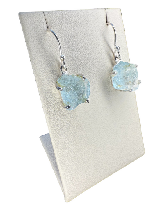 Aquamarine Natural Cut Sterling Silver Dangle Earrings | Pakistan