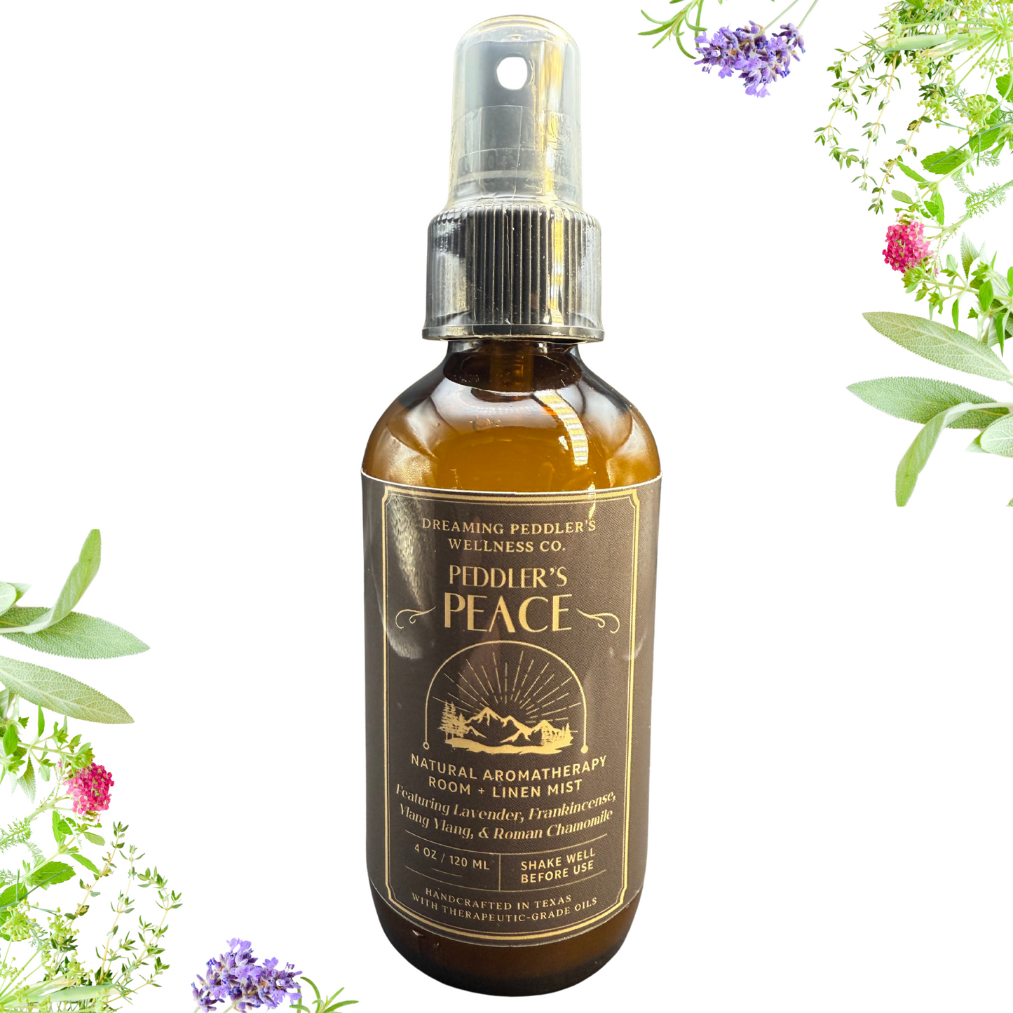 Bottle of Peddler's Peace natural aromatherapy spray with herbs in the background