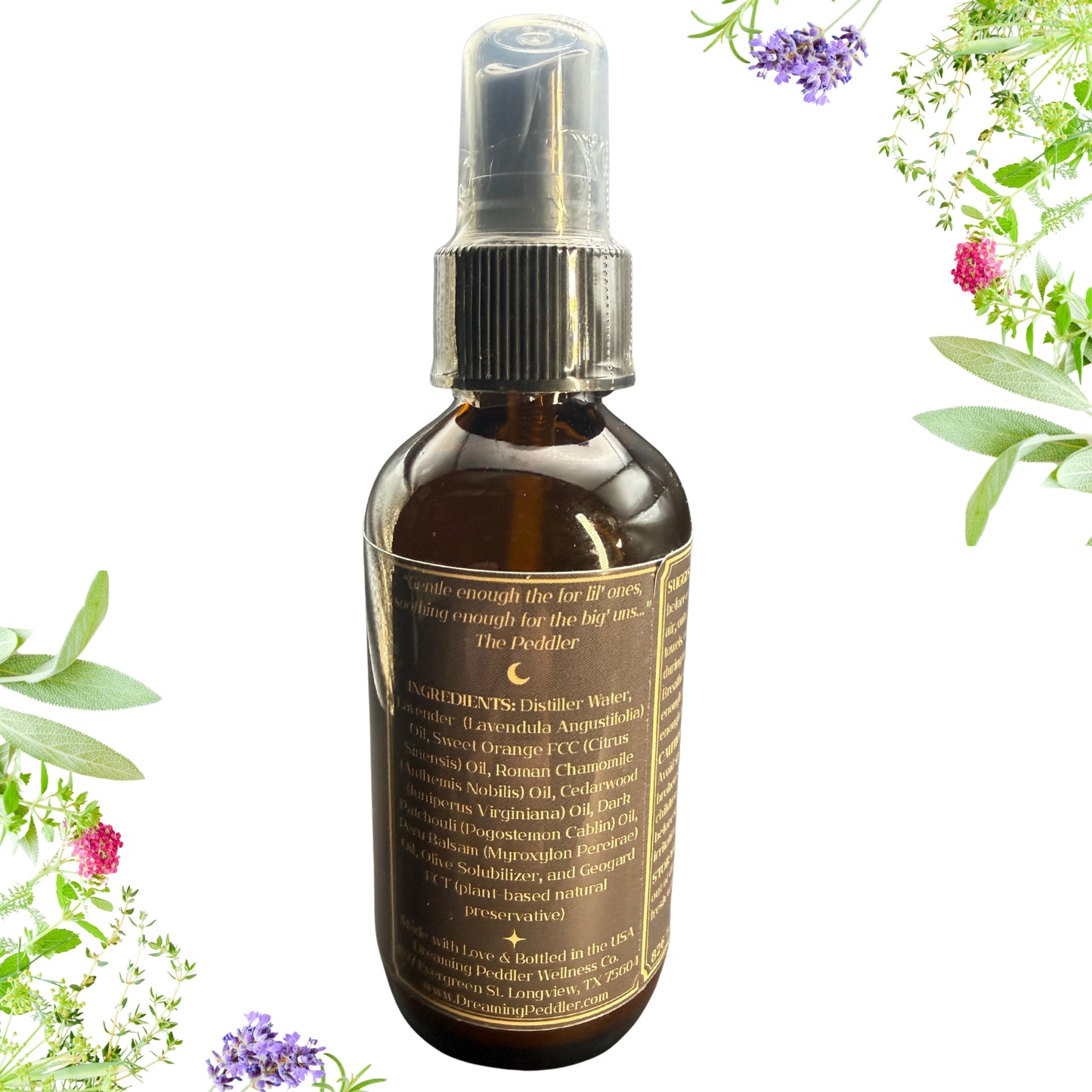 Dreaming Peddler's Wellness Co. Essential Oil Room & Linen Mists | Sleepy Babboo's Gentle Bedtime | 4oz. | BACK