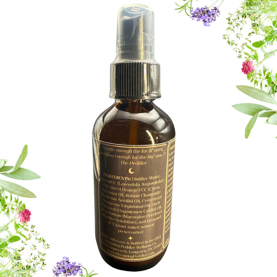 Dreaming Peddler's Wellness Co. Essential Oil Room & Linen Mists | Sleepy Babboo's Gentle Bedtime | 4oz. | BACK