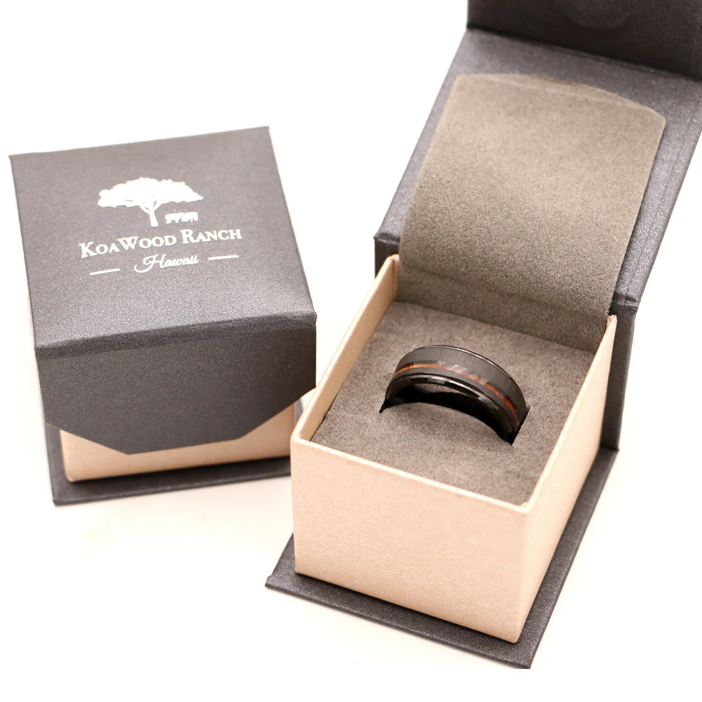 Hawaiian Koa Wood & Textured Black Tungsten Ring | 8mm Box