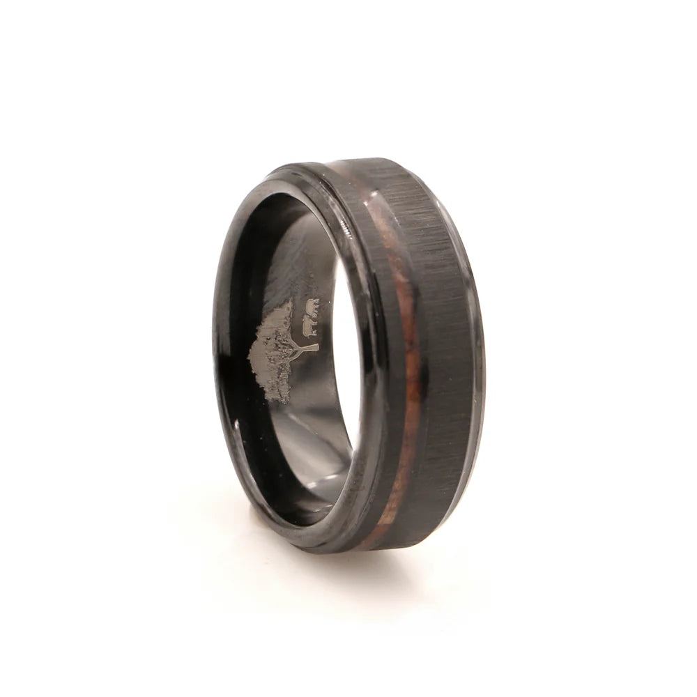Hawaiian Koa Wood & Textured Black Tungsten Ring | 8mm Side