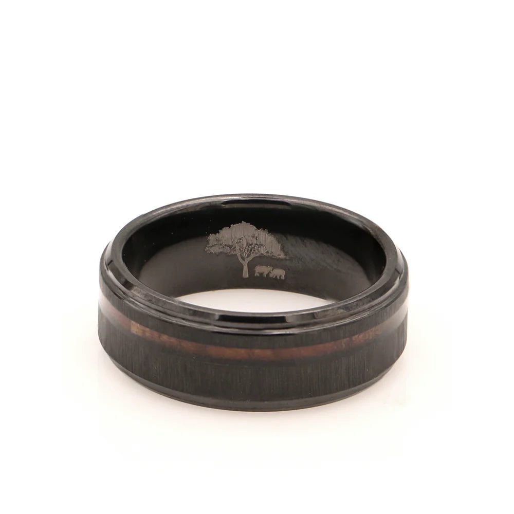 Hawaiian Koa Wood & Textured Black Tungsten Ring | 8mm Flat