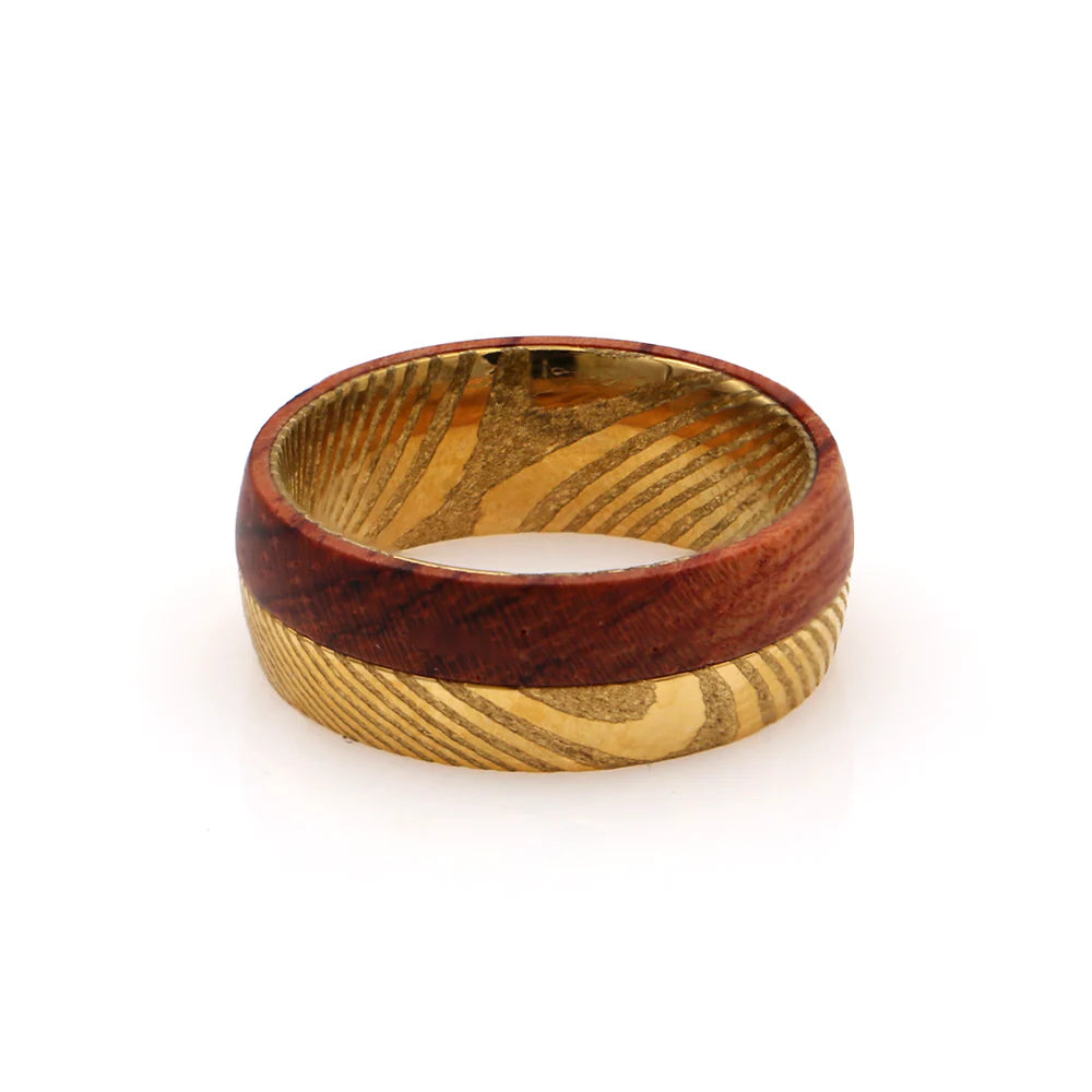 Gold Damascus & Hawaiian Koa Wood Duet Ring | 8mm Damascus Steel