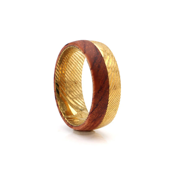 Gold Damascus & Hawaiian Koa Wood Duet Ring | 8mm Damascus Steel