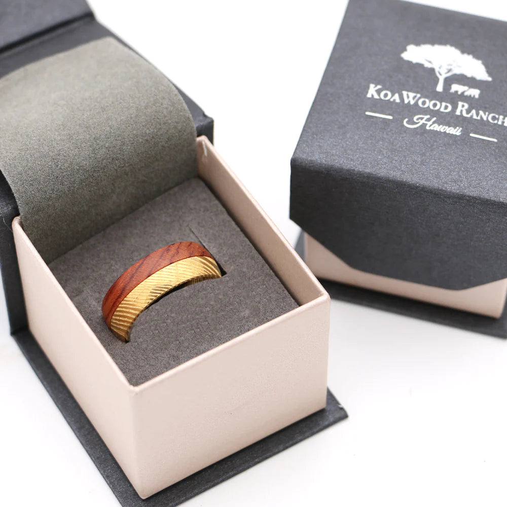 Gold Damascus & Hawaiian Koa Wood Duet Ring | 8mm Damascus Steel