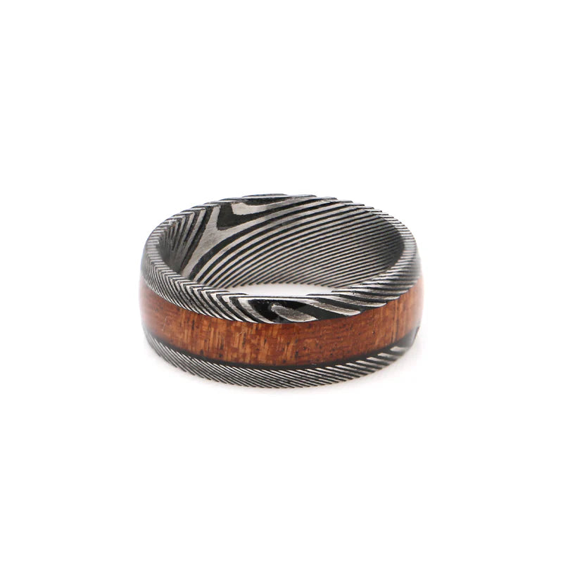 Damascus Steel & Hawaiian Koa Wood Ring 8mm