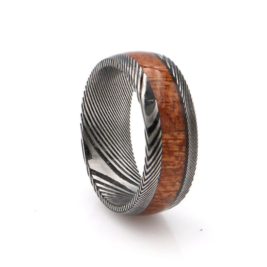 Damascus Steel & Hawaiian Koa Wood Ring 8mm