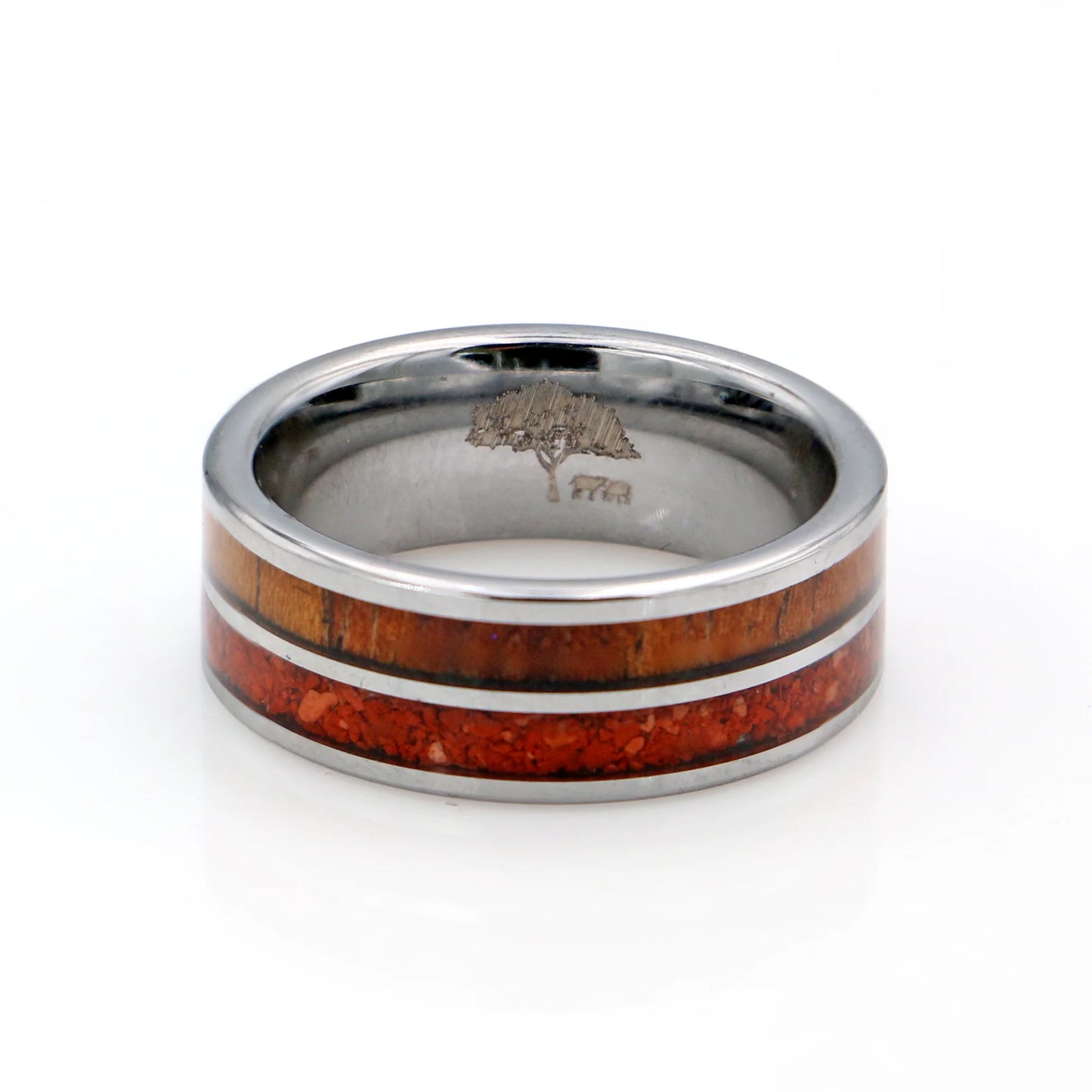 Crushed Red Coral & Hawaiian Koa Wood Ring | 8mm Tungsten