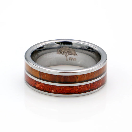 Crushed Red Coral & Hawaiian Koa Wood Ring | 8mm Tungsten