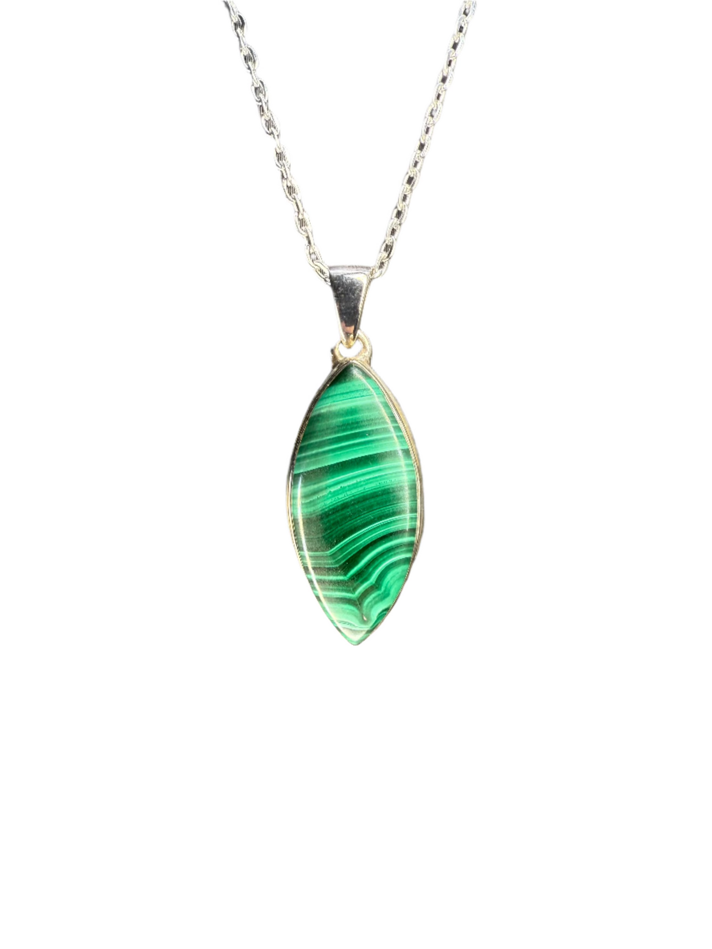 Malachite Polished Sterling Silver Pendant | Congo | Marquise