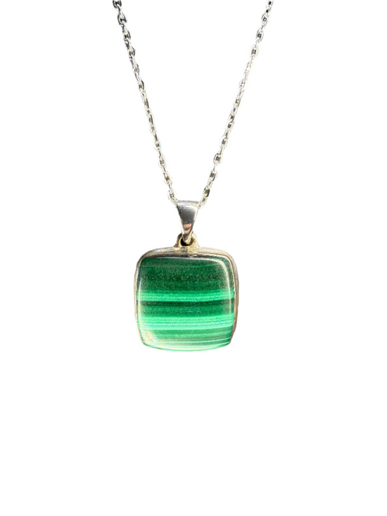 Malachite Polished Sterling Silver Pendant | Congo | Square