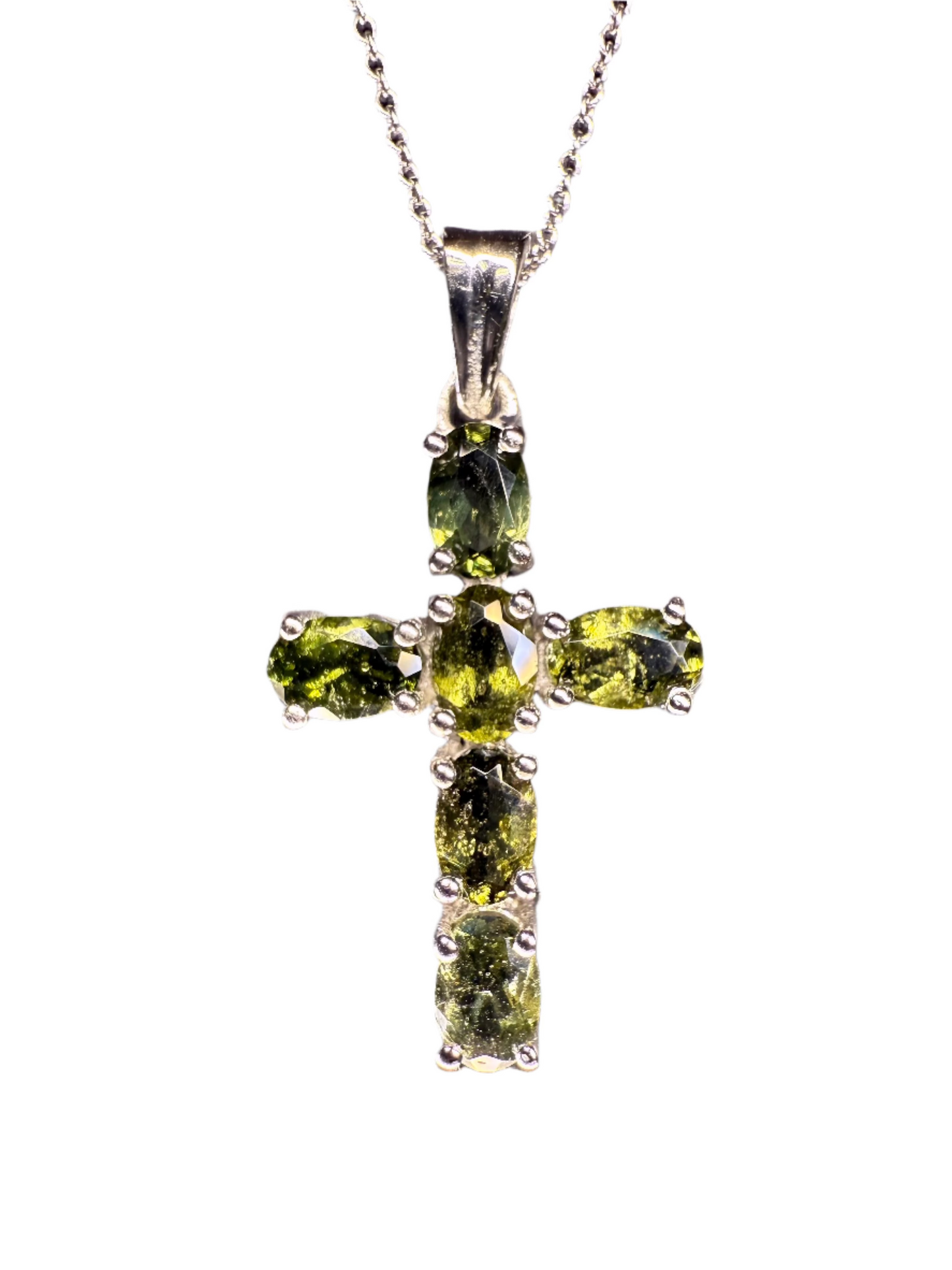 Moldavite Faceted Sterling Silver 6-Stone Cross Pendant | Czech