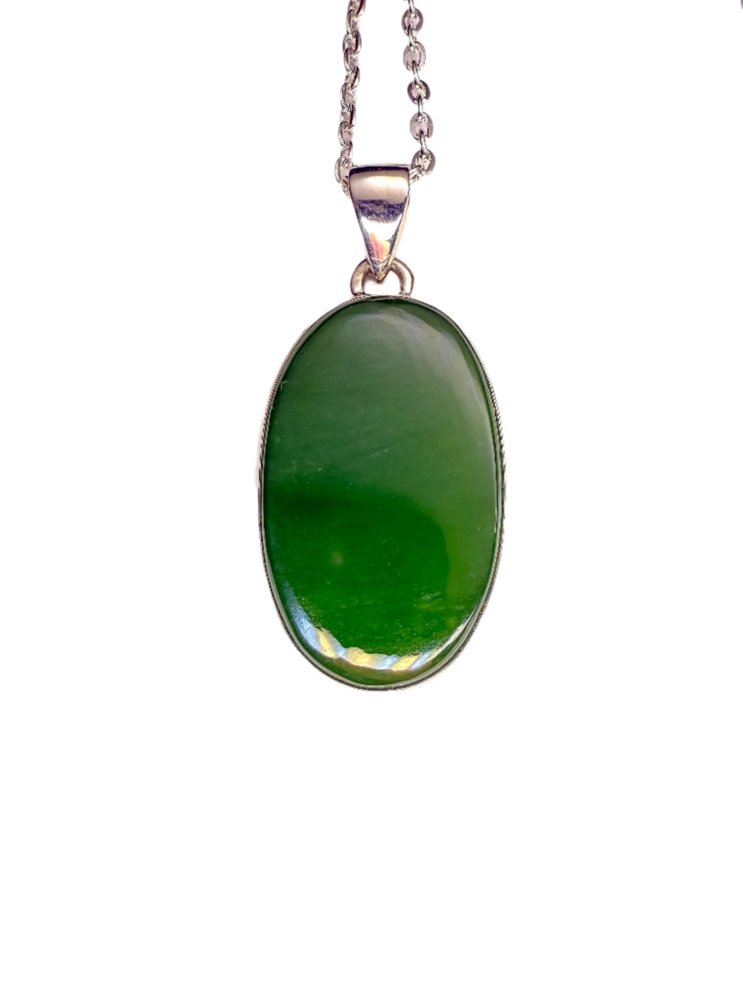 Nephrite Jade Polished Sterling Silver Pendant | Canada | Oval