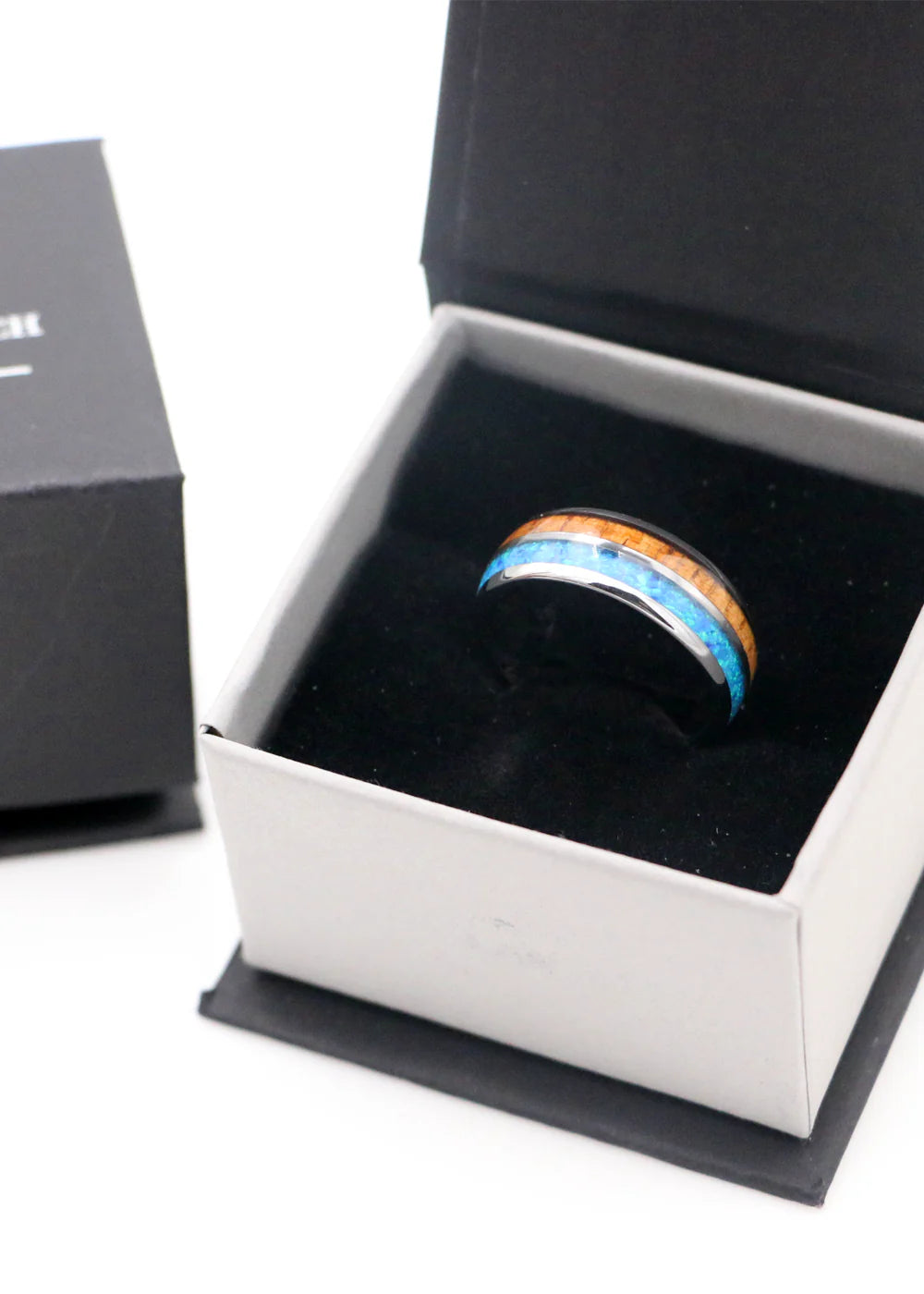 Opal & Hawaiian Koa Wood Ring | 8mm Tungsten Box