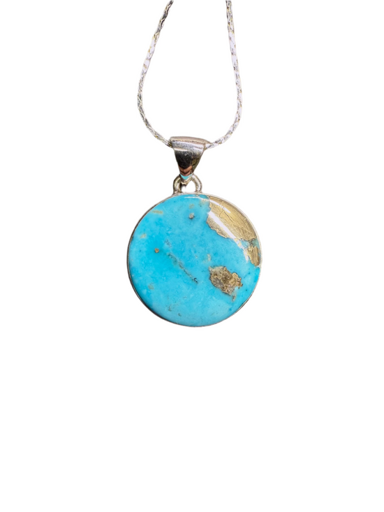 Persian Turquoise Polished Sterling Silver Pendant | Iran | Round