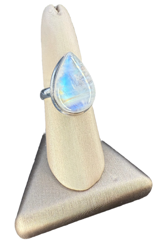 Rainbow Moonstone Polished Sterling Silver Ring | Madagascar | Teardrop