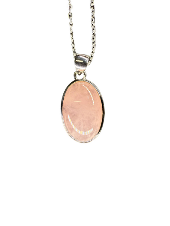 Rose Quartz Polished Sterling Silver Pendant | Oval