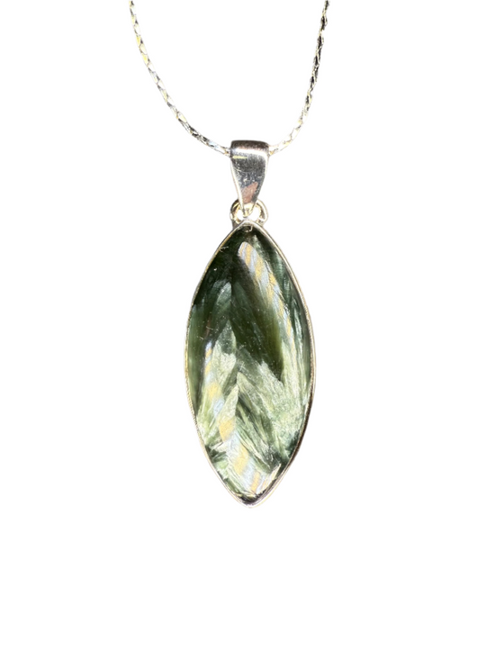 Seraphinite Polished Sterling Silver Pendant | Siberia | Marquise