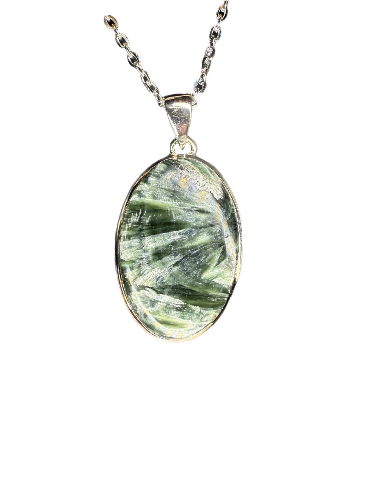 Seraphinite Polished Sterling Silver Pendant | Siberia | Oval